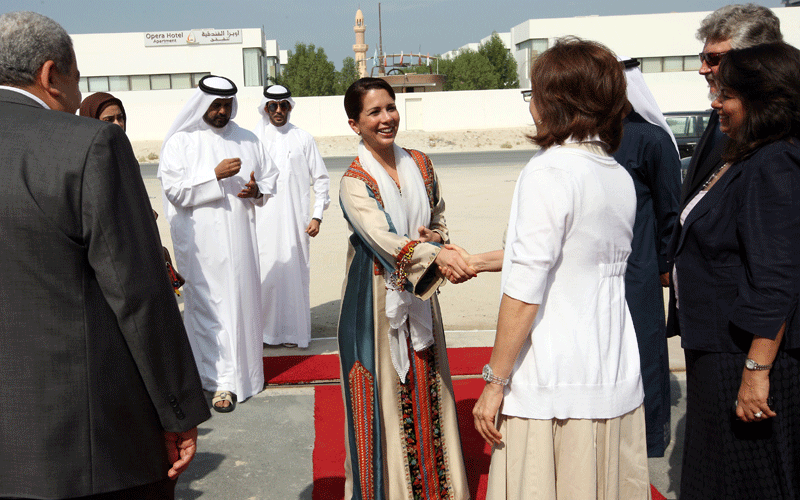 Princess Haya bint Al Hussein, wife of His Highness Sheikh Mohammed bin Rashid Al Maktoum, Vice-President and Prime Minister of the UAE and Ruler of Dubai, is welcomed at the launch of the campaign 'A Child's Smile' at Al Noor Training Centre for Children with Special Needs in Dubai. (ASHOK VERMA)