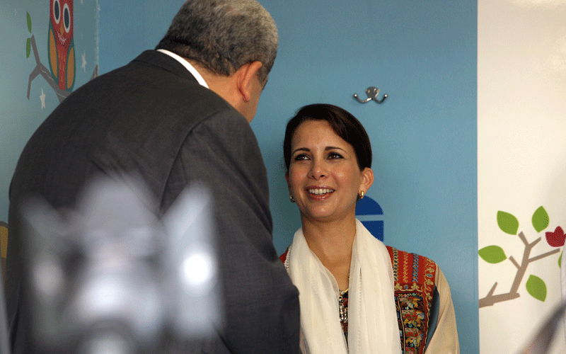 Princess Haya bint Al Hussein, wife of His Highness Sheikh Mohammed bin Rashid Al Maktoum, Vice-President and Prime Minister of the UAE and Ruler of Dubai, is welcomed at the launch of the campaign 'A Child's Smile' at Al Noor Training Centre for Children with Special Needs in Dubai. (ASHOK VERMA)