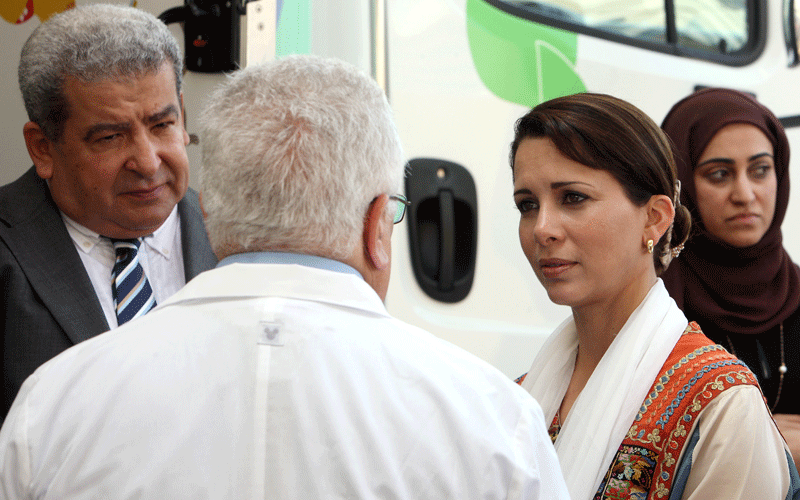 Princess Haya bint Al Hussein, wife of His Highness Sheikh Mohammed bin Rashid Al Maktoum, Vice-President and Prime Minister of the UAE and Ruler of Dubai, is welcomed at the launch of the campaign 'A Child's Smile' at Al Noor Training Centre for Children with Special Needs in Dubai. (ASHOK VERMA)