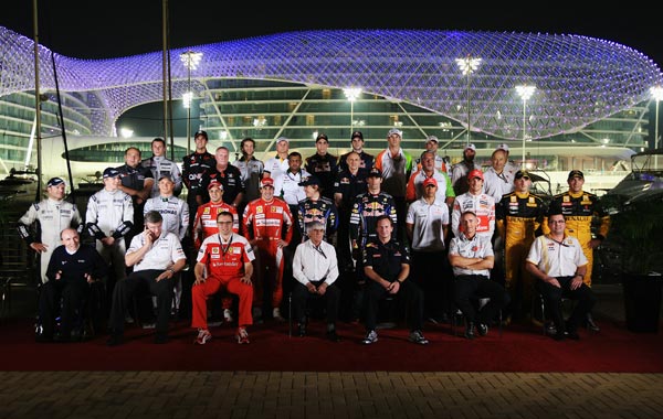 Drivers and Team Principals from the 2010 F1 season pose for a photograph following practice for the Abu Dhabi Formula One Grand Prix at the Yas Marina Circuit in Abu Dhabi, United Arab Emirates. (GETTY)