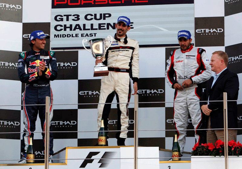 The top three on the podium with Deesch Papke, Managing Director, Porsche Middle East & Africa. (SUPPLIED)