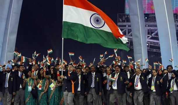 The flag-bearer for India leads the delegation during the opening ceremony of the 16th Asian Games in Guangzhou, Guangdong province. (REUTERS)