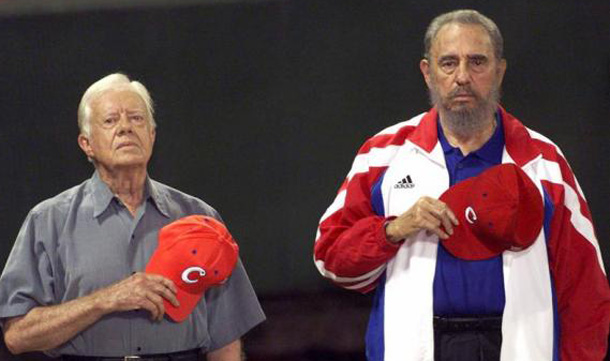 Former President Jimmy Carter and Cuba's then President Fidel Castro listen to the Cuban national anthem prior to a baseball game in Havana. (REUTERS)