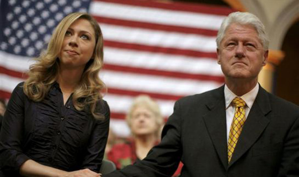 Former President Bill Clinton and daughter Chelsea as they listen to then Democratic presidential candidate Senator Hillary Clinton speak at the National Building Museum in Washington. (REUTERS)