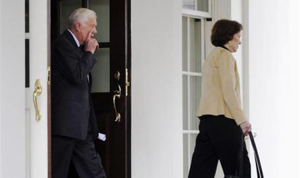 Former President Jimmy Carter and his wife Rosalynn Carter depart after a visit to the West Wing of the White House. (REUTERS)