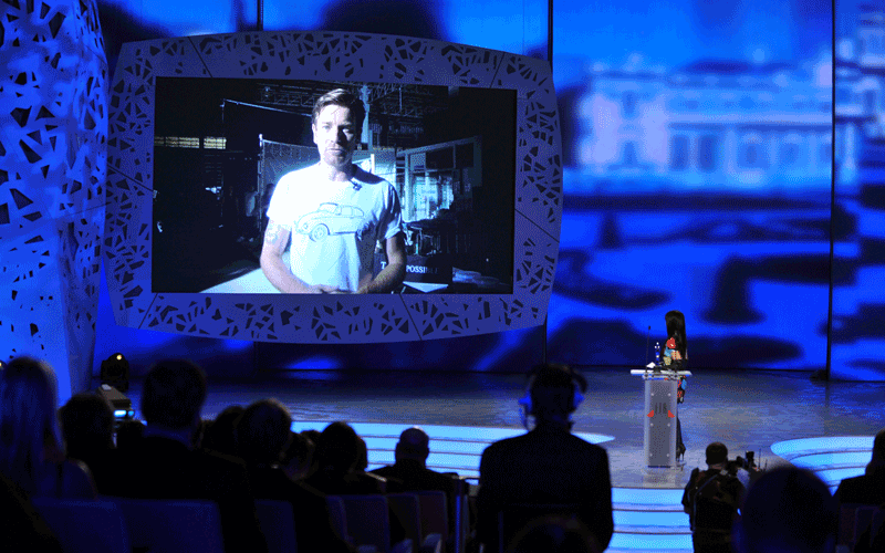 Scottish actor Ewan McGregor (on video screen) speaks after receiving the Europan actor award for "The Ghost Writer" by Roman Polanski at the 23rd European Film Awards in Tallinn. The European Film Awards were launched in 1988 and spurred by top European directors, including Ingmar Bergman and Wim Wenders -- the latter is president of the European Film Academy. The winners are chosen by the 2,300-strong academy, whose members include actors, critics, directors and producers. (AFP)