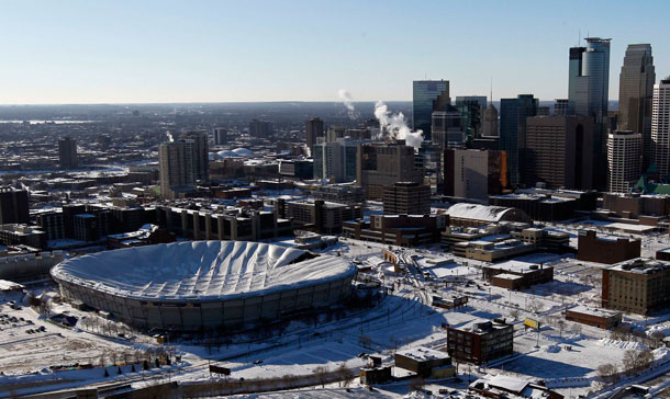 The collapsed Metrodome roof is shown in this aerial view in Minneapolis. The inflatable roof of the Metrodome collapsed Sunday after a snowstorm that dumped 17 inches on Minneapolis. No one was hurt, but the roof failure sent the NFL scrambling to find a new venue for the Vikings' game against the New York Giants. (AP)