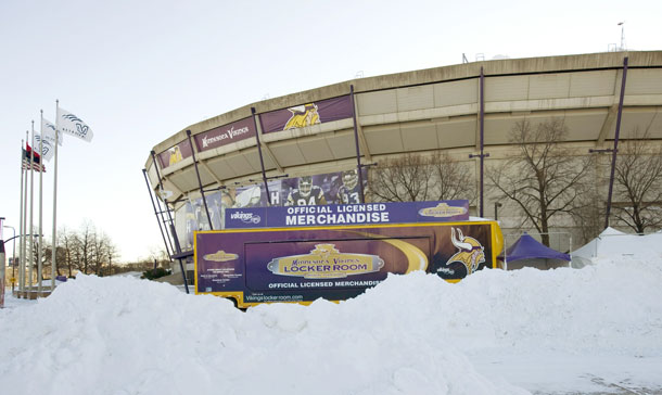 Snow surrounds the Hubert H. Humphrey Metrodome, Mall of America Stadium where the inflatable roof collapsed under the weight of snow during a storm Sunday morning in Minneapolis, Minnesota. A blizzard dumped more than 20 inches of snow in parts of the Midwest forcing the NFL football game between the New York Giants and the Minnesota Vikings to be postponed till Monday and will be played in Detroit's Ford Field. There were no injuries reported from the collapse of the dome. (AFP)