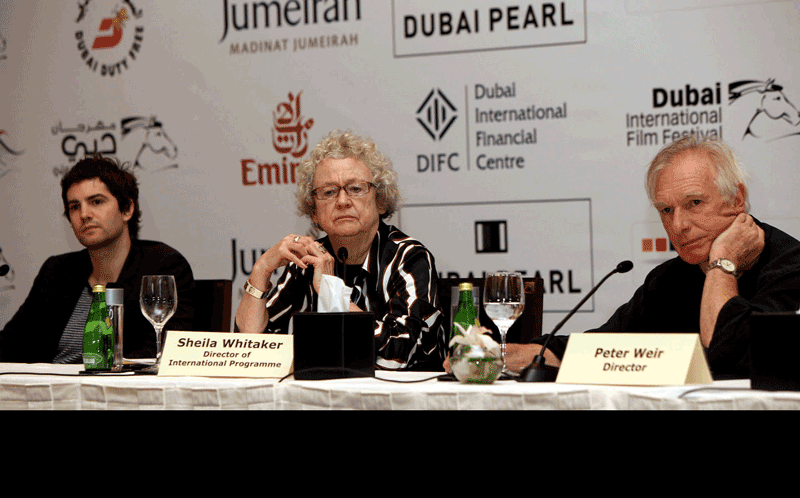 Jim Sturgess(actor),Sheila Whitaker,director of international programme and Director Peter Weir seen talking to media about their movie The Way back during the 7th Dubai International Film Festival; Dubai. (Ashok Verma)