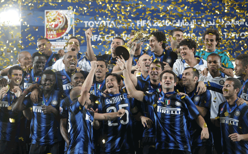 Inter Milan celebrate after being crowned Fifa World Club Cup champions at the Zayed Sports City stadium in Abu Dhabi on Saturday. (ERIK ARAZAS)