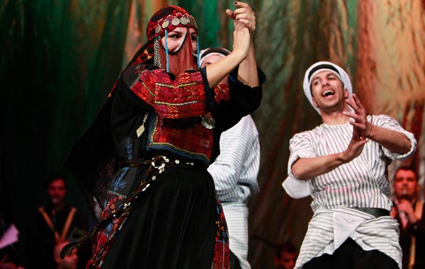 Palestinian dancers of the Hanouneh troupe perform a dance entitled "Guardians of Memory" as part of activities to commemorate the division of the Palestinian state in Amman. (REUTERS)