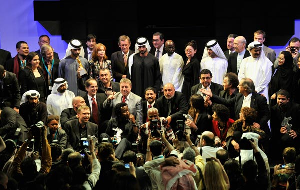 Award winners on stage after the Closing Night Muhr Awards Ceremony on day eight of the 7th Annual Dubai International Film Festival held at the Madinat Jumeriah Complex. (GETTY)