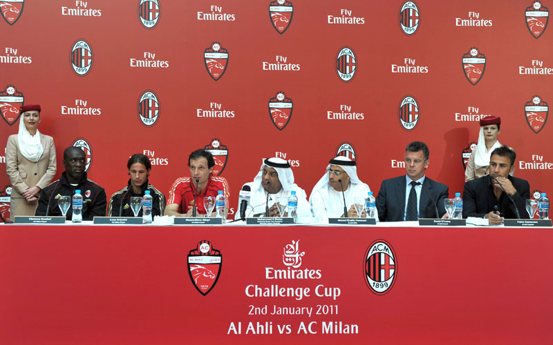 From left to right:- Clarence Seedorf, Luce Antonini, Massimiland Allegri of AC Milan football club, and Mohammed Mattar, Ahmed Khalifa, David Oleary, Fabio Cannavaro sit together during a press conference, in Dubai, to announce the Emirates Challenge Cup match against Al-Ahli club on January 2. (AFP)
