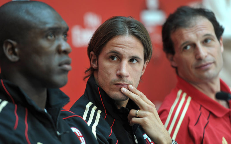 AC Milan's from left to right:- Clarence Seedorf, Luce Antonini and Massimiland Allegri listen on during a press conference, in Dubai, to announce the Emirates Challenge Cup match against Al-Ahli club on January 2. (AFP)