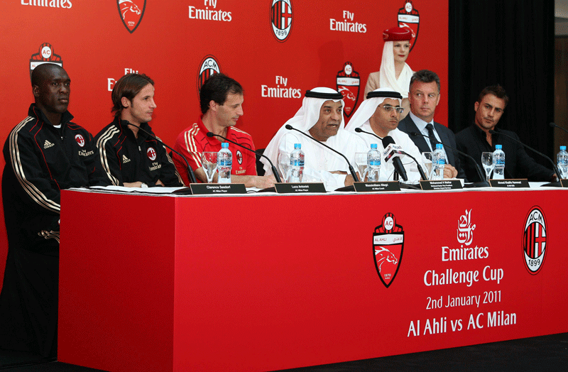 At the official press conference (from left) Clarence Seedorf (AC Milan), Luca Antonini (AC Milan), Massimiliano Allegri (AC Milan manager), Mohammed Mattar (Emirates Divisional Senior Vice-President, Airport Services), Ahmed Khalifah Al Hammed (CEO Al Ahli Club), David O’Leary (Al Ahli coach) and Fabio Cannavaro (Al Ahli captain)