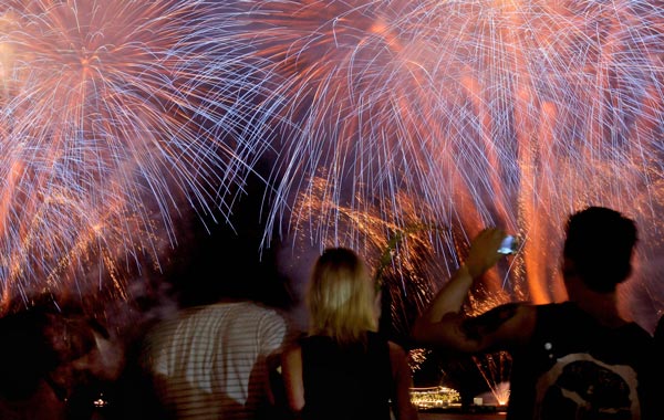 People watch fireworks exploding over Copacabana beach during New Year celebrations in Rio de Janeiro, Brazil. (AP)