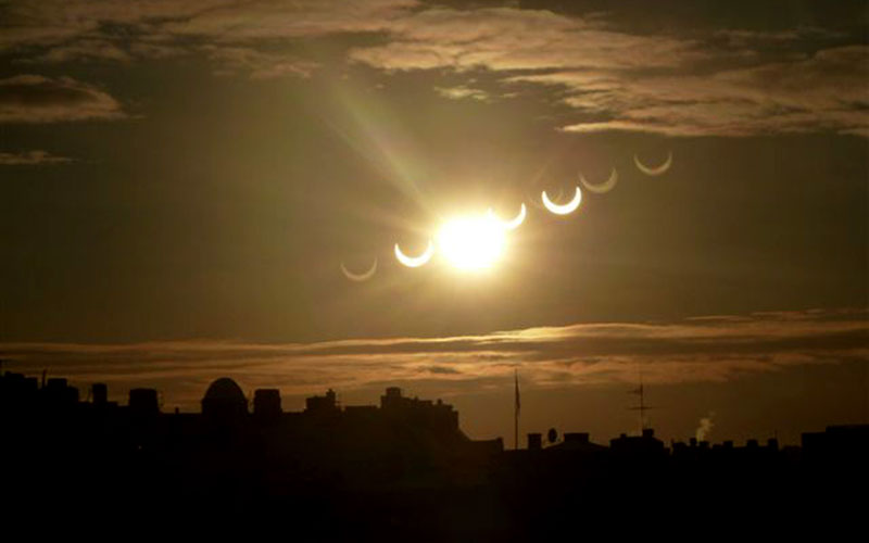 In this picture taken through a double glazed window multiple reflections of a partial solar eclipse are seen in Stockholm. Europe was given a front-row seat to the first solar eclipse of 2011 only to find that in many places a thick curtain of cloud marred the spectacle. (AFP)