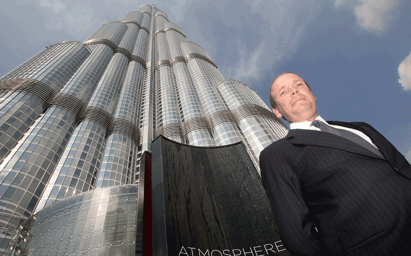 Emaar Hospitality CEO Marc Dardenne poses for a photograph at the entrance to the world's highest restaurant, At.mosphere, at Dubai's Burj Khalifa on January 23, 2011 (Patrick Castillo)