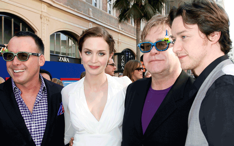 Producer David Furnish, actress Emily Blunt, musician Elton John and actor James McAvoy (L-R) arrive at the premiere of "Gnomeo & Juliet" in Hollywood, California. (REUTERS)