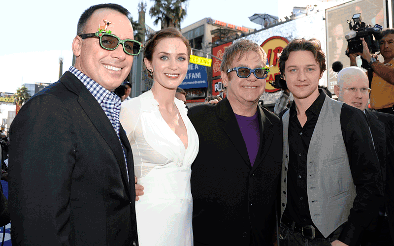 From left to right, David Furnish, actress Emily Blunt, singer and musician Elton John, and actor James McAvoy arrive at the premiere of the animated 3-D feature film "Gnomeo & Juliet" in Los Angeles. (AP)