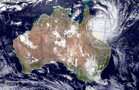 This image provided by NASA shows Tropical Cyclone Yasi as it approaches Queensland, Australia, Wednesday Feb. 2, 2011. This NEXSAT image captured this natural-color image at 04:32 GMT Wednesday Feb. 2, 2011. The Category 5 storm is expected to make landfall at approximately noon GMT Wednesday. Gusts up to 186 mph (300 kph) were expected when Cyclone Yasi strikes the Australian coast Wednesday after whipping across Australia's Great Barrier Reef. The storm front is more than 310 miles (500 kilometers) wide and Yasi is so strong, it could reach far inland before it significantly loses power. (AP)