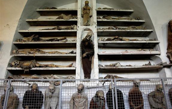 Fully clothed human remains, representing some of the world's best-preserved bodies, are displayed at the Capuchin Catacombs in Palermo, southern Italy. (REUTERS)
