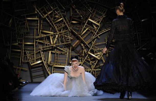A model falls during the Zac Posen fall collection show during New York Fashion Week. (REUTERS)
