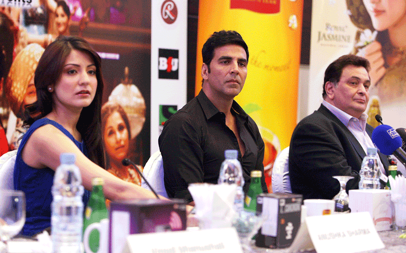 Indian Cinestars(L-R) Anushka,Akshay Kumar and Rishi Kapoor seen during a press conference before the release of their new movie Patiala House in Dubai. (Photo by Ashok Verma)