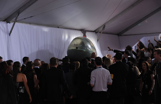 An egg-like container with singer Lady Gaga inside arrives for the 53rd Annual Grammy Awards at the Staples Center in Los Angeles, California February 13, 2011. Lady Gaga is nominated for Album Of The Year. (AFP)