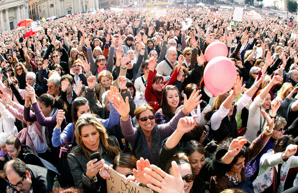 Protesters gather in Rome's Piazza del Popolo to demonstrate against Italian Prime Minister Silvio Berlusconi. Women rallied across Italy on Sunday, incensed by Berlusconi's sex scandal which they say has hurt their dignity and reinforced outdated gender stereotypes. (REUTERS)