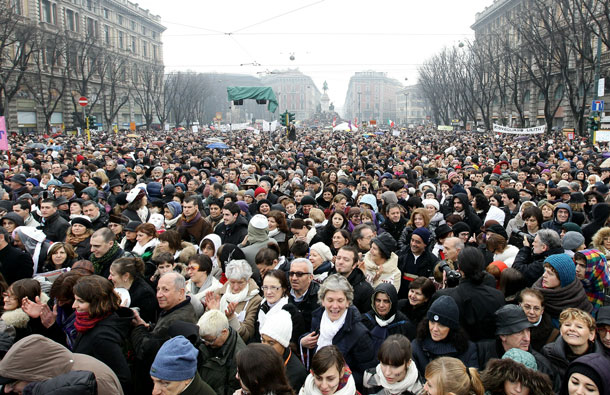 eople gather during a national demonstration to appeal for greater dignity for Italian women at Piazza Castello in Milan, Italy. Women rallied across Italy incensed by Prime Minister Silvio Berlusconi's sex scandal which they say has hurt their dignity and reinforced outdated gender stereotypes.. (GETTY IMAGES)