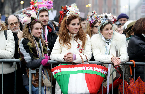 Protesters during the National demonstration to appeal for greater dignity for Italian women at Piazza Castello in Milan, Italy. Thousands of women gathered this morning in many cities in Italy to demonstrate against the recent sex scandals surrounding Italian Prime Minister Silvio Berlusconi. (GETTY IMAGES)