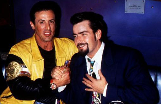 Actors Sylvester Stallone and Charlie Sheen,share a table together at the opening of London's Planet Hollywood restaurant May 17, 1993. (REUTERS)