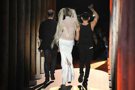 Lady Gaga, Nicola Formichetti and Sebastian Peigne walk the runway during the Thierry Mugler Ready to Wear Autumn/Winter 2011/2012 show during Paris Fashion Week at Gymnase Japy on March 2, 2011 in Paris, France. (GETTY IMAGES)