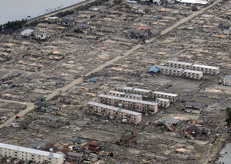 Huge swathes of land were destroyed when the tsunami hit Sendai in Miyagi province, sweeping away everything in its path.