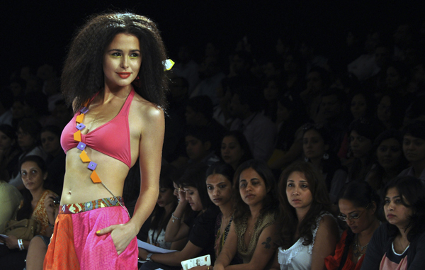 A model displays a creation by Indian designer Anupamaa Dayal during the fourth day of 2011 Lakme Fashion Week in Mumbai. (AFP)
