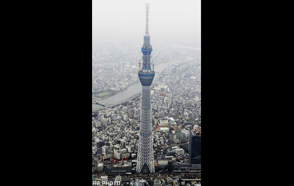 Tokyo Sky Tree, a new landmark tower which is still under construction in Tokyo, dwarfs other buildings March 1, 2011. The new tower will stand in Tokyo's Sumida district, a riverside area known for old downtown Tokyo ambience.