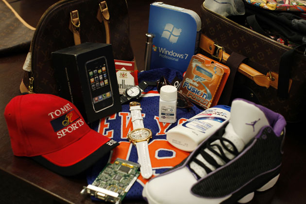 Counterfeit goods seized by US govt: Counterfeit goods seized by the US government are shown on display at the National Intellectual Property Rights Coordination Center in northern Virginia, October 7, 2010. 
The Organization for Economic Cooperation and Development estimates the amount of counterfeit goods and pirated copyrights in world trade grew from about $100 billion in 2001 to about $250 billion in 2007, the last year for which they have made an estimate. In the 2009 budget year, US Customs agents and other officials made 14,481 seizures valued at $ 260.7 million dollars. (AGENCIES)