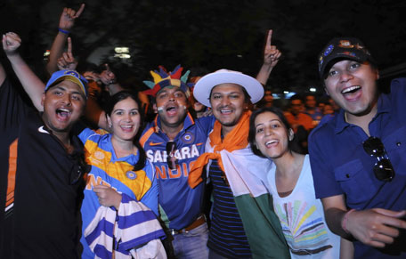 Indian cricket fans celebrate victory over Pakistan after the ICC Cricket World Cup 2011 semi-final match between India and Pakistan at The Punjab Cricket Association (PCA) Stadium in Mohali on March 30, 2011. India beat Pakistan by 29 runs.    (AFP)