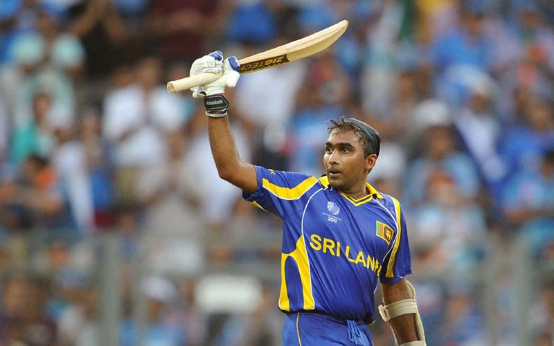 Sri Lankan batsman Mahela Jayawardene celebrates scoring his century against India during the ICC Cricket World Cup 2011 final played at The Wankhede Stadium in Mumbai on April 2, 2011 (AFP)