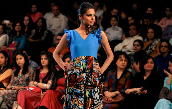 A model displays a creation by Pakistani designer Hira Lari during the fashion show in Karachi, Pakistan on. (AP)