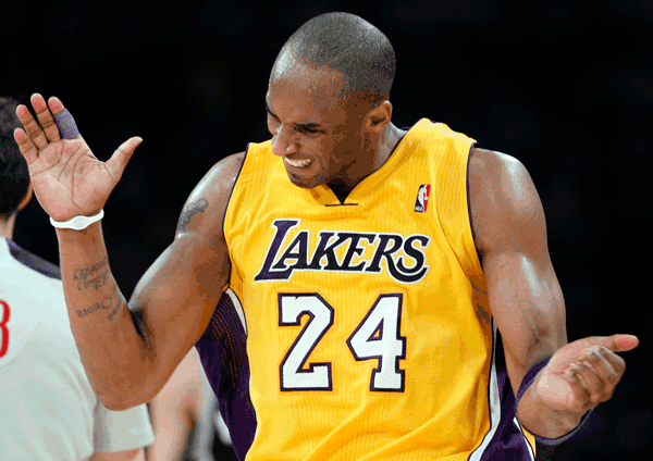 Los Angeles Lakers Kobe Bryant reacts during their NBA basketball game against the San Antonio Spurs in Los Angeles, California, on Tuesday. (REUTERS)