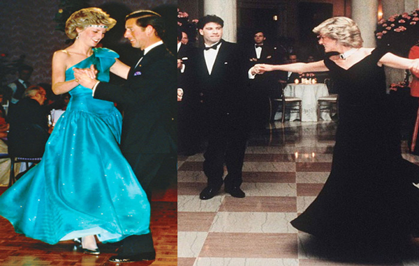 Perhaps her most famous dresses were her ballgowns. The princessy, single shouldered blue taffeta dress on the left was trumped only by the midnight blue velvet she wore to the White House reception with President Reagan, right &ndash; a dress made for dancing with John Travolta. (AGENCIES)