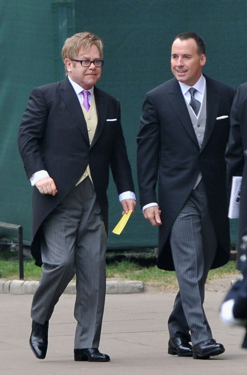 Elton John (left) and David Furnish arrive to attend the Royal Wedding of Prince William to Catherine Middleton at Westminster Abbey on April 29, 2011 in London, England (Getty Images)