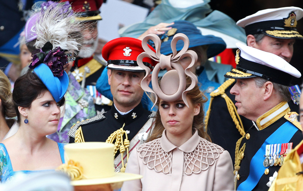 (L-R) Princess Eugenie of York, Prince Edward, Earl of Wessex, Princess Beatrice of York and Prince Andrew, Duke of York following the marriage of Prince William, Duke of Cambridge and Catherine, Duchess of Cambridge at Westminster Abbey. (GETTY)