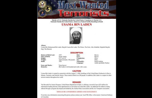 Osama bin Laden's page is seen on the FBI's Most Wanted website May 1, 2011. Osama bin Laden (Usama bin Laden) is dead and his body has been recovered by U.S. authorities, U.S. officials said on Sunday. (REUTERS)