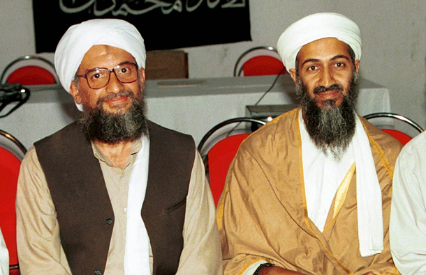Ayman al-Zawahri, left, poses for a photograph with Osama bin Laden, right, taken in Khost, Afghanistan and made available Friday March 19, 2004. (AP)