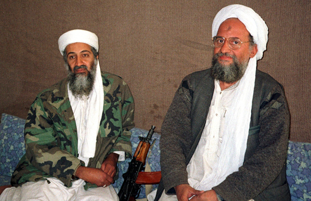 Osama bin Laden (L) sits with his adviser and purported successor Ayman al-Zawahiri, an Egyptian linked to the al Qaeda network, during an interview with Pakistani journalist Hamid Mir. (REUTERS)