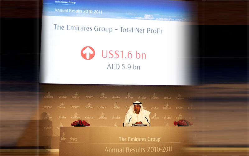 Sheik Ahmed bin Saeed Al Maktoum,Chairman and Chief executive of Emirates Airline & Group delivers The Emirates Group Annual Results 2010-2011 during a press conference at the Emirates Group Headquarter in Dubai, United Arab Emirates. (AP)
