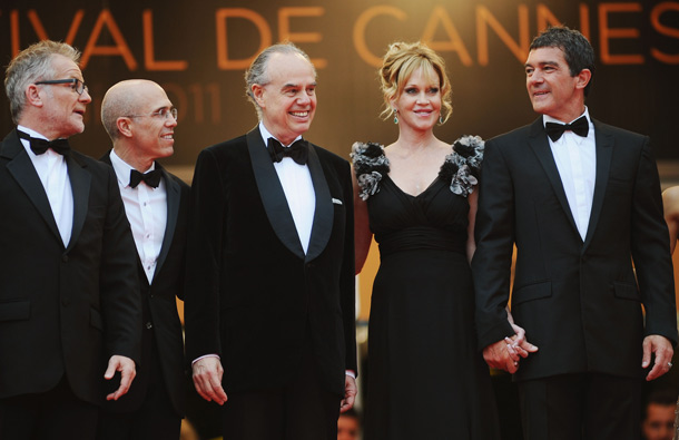 (L-R) General Delegate of the Cannes Film Festival Thierry Fremaux, producer Jeffrey Katzenberg, Frederic Mitterrand with Melanie Griffith and Antonio Banderas attend the Opening Ceremony at the Palais des Festivals during the 64th Cannes Film Festival on May 11, 2011 in Cannes, France. (GETTY/GALLO)